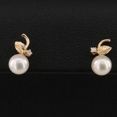 14K Pearl and Diamond Stud Earrings