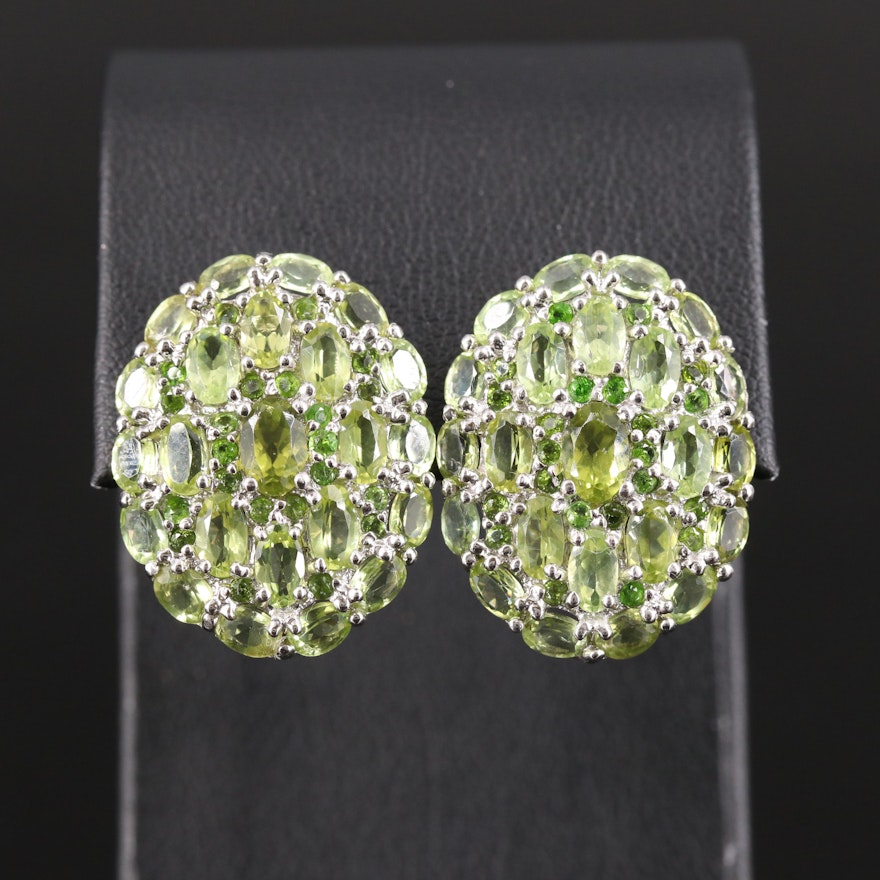 Sterling Peridot and Diopside Oval Button Earrings