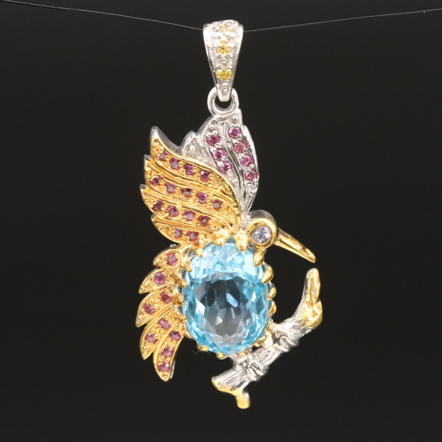 Sterling Sky Blue Topaz, Garnet and Yellow Sapphire Hummingbird Pendant