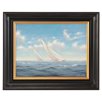 Alan J. Eddy Oil Painting of Two Sailboats "Racing J Boats"