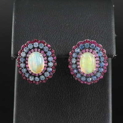 Sterling Opal Button Earrings with Triple Halo of Sapphire and Rubies