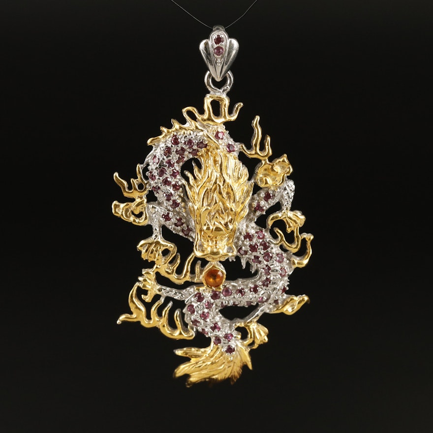 Sterling Dragon Pendant with Garnet and Sapphire