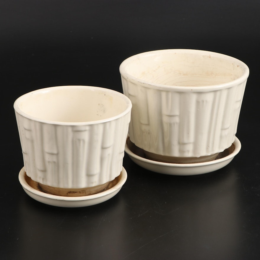 McCoy Pottery Bamboo Planters with Attached Saucers, Mid-20th Century