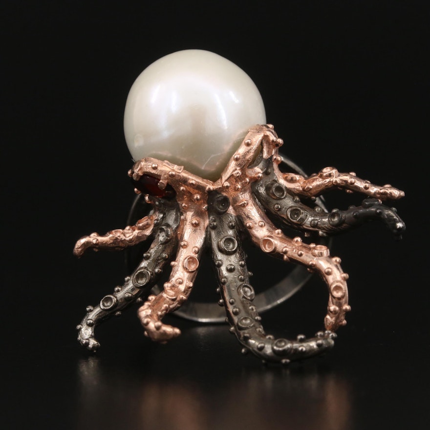 Sterling Octopus Ring with Pearl and Garnet