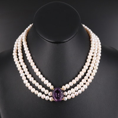 Sterling Triple Strand Pearl Necklace with Amethyst Pendant