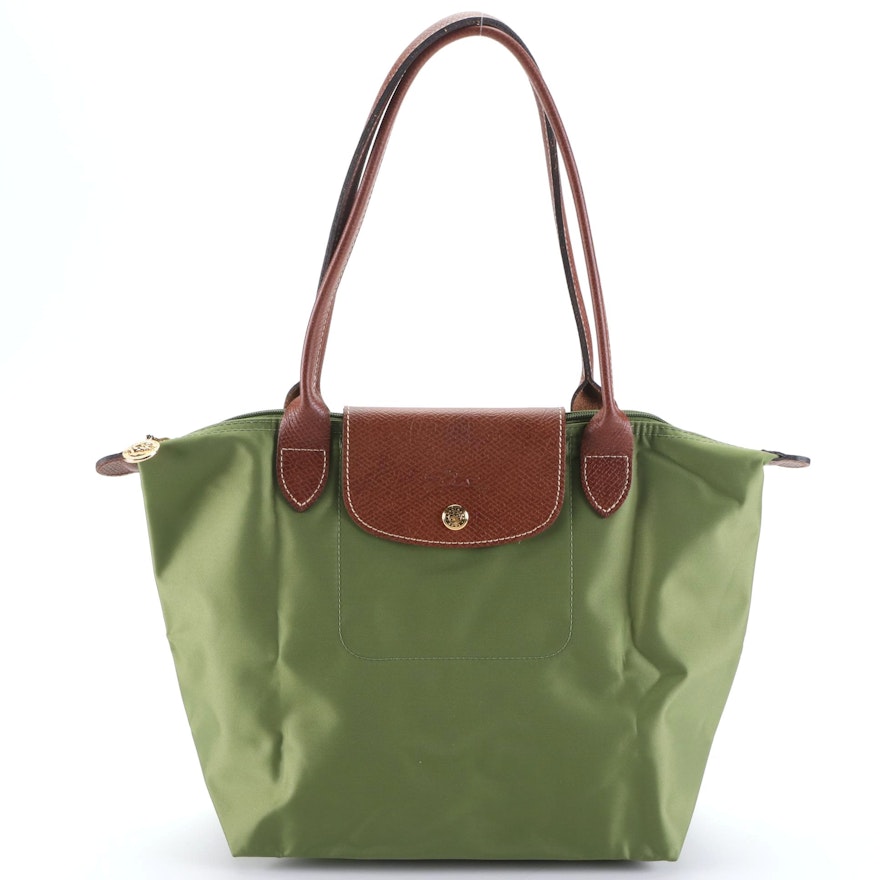 Longchamp Le Pliage Large Tote in Avocado Green Nylon with Brown Leather Trim