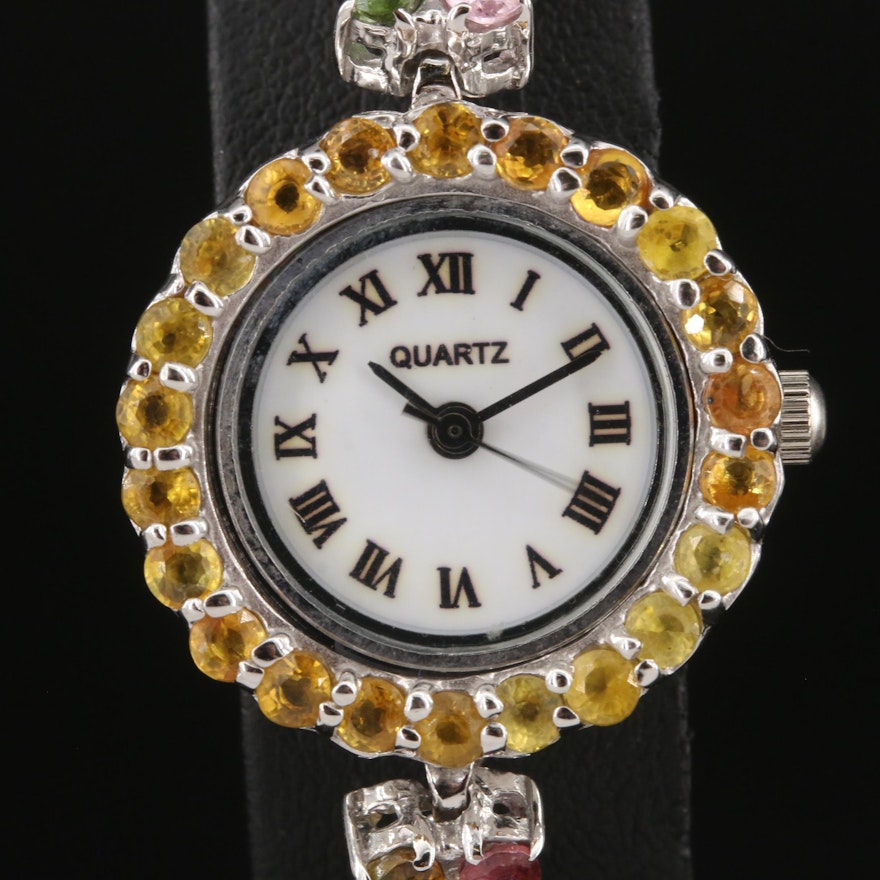 Quartz Wristwatch with Gemstone and Sterling Bracelet