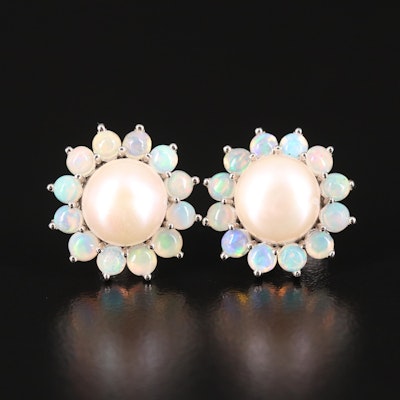 Sterling Pearl Button Earrings with Opal Halos