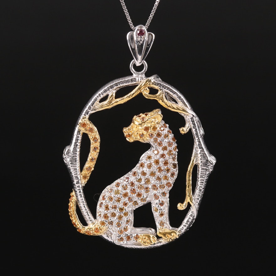 Sterling Sapphire Leopard Pendant on Box Chain Necklace
