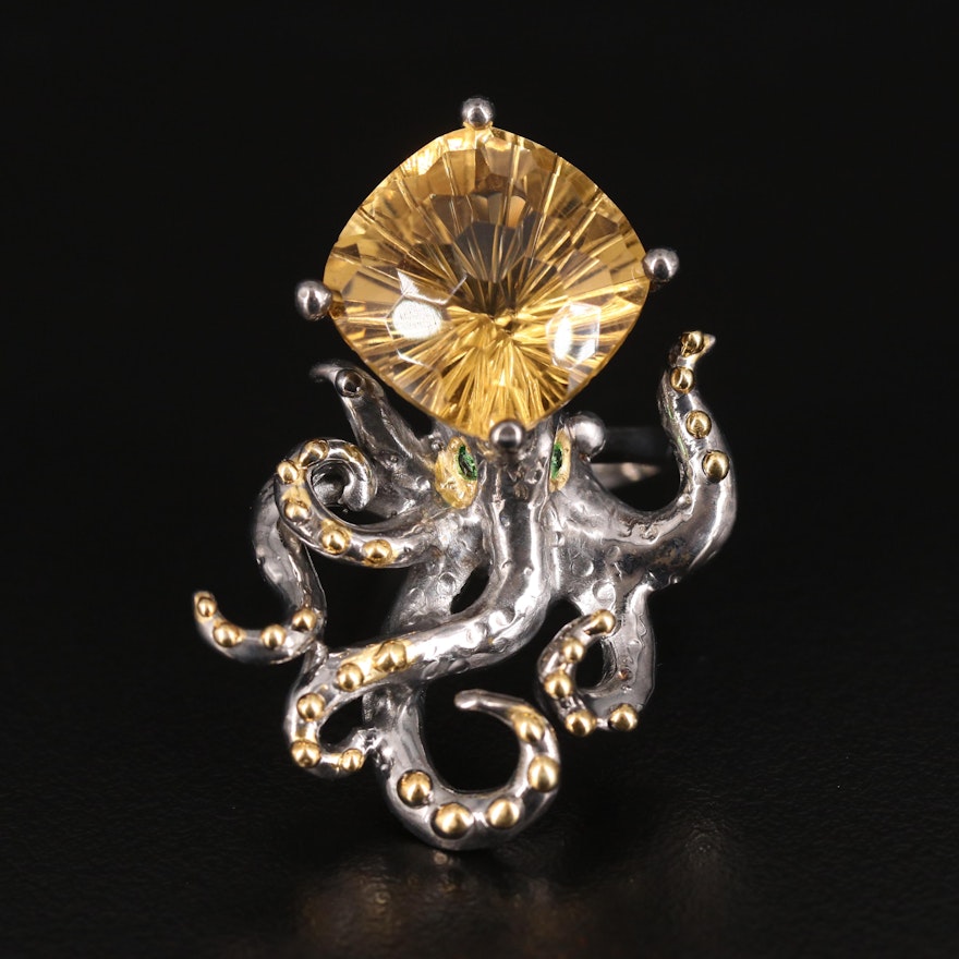 Sterling Citrine and Tsavorite Octopus Ring