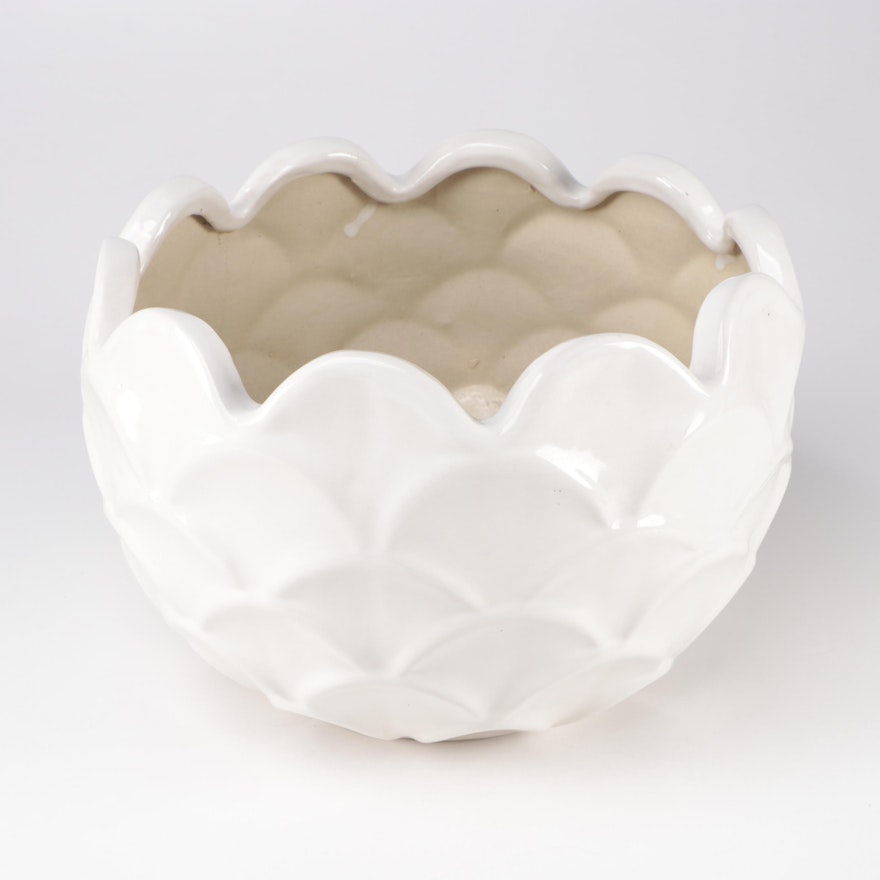 White Glazed Ceramic Scalloped Planter