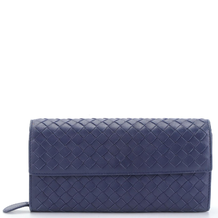 Bottega Veneta Long Wallet in Dark Blue Intrecciato Lambskin Leather with Box