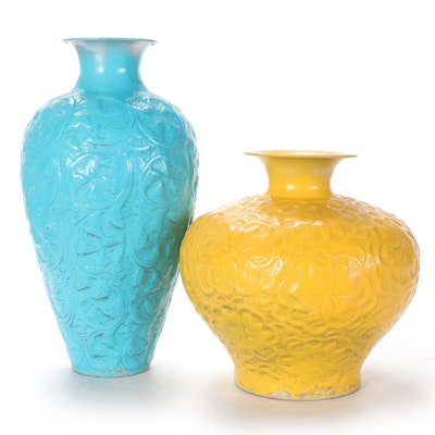 Turquoise and Yellow Painted Metal Vases