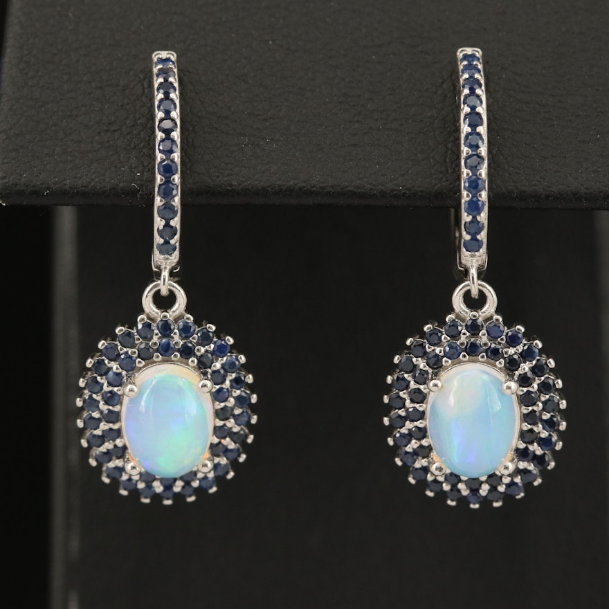 Sterling Opal and Sapphire Hoop Drop Earrings