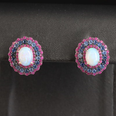Sterling Opal, Sapphire and Ruby Earrings