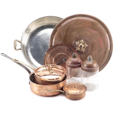 Handmade Cu Artigiana Hammered Copper Paella Pan with Other Copper Pans and Jars