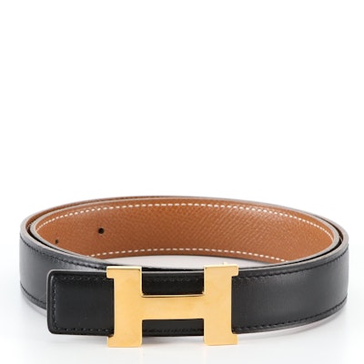 Hermès Gold Tone H Buckle on Box Calf/Courchevel Leather Strap with Box