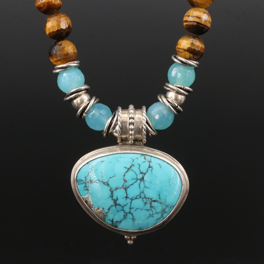 Sterling Turquoise, Tiger's Eye and Chalcedony Pendant Necklace