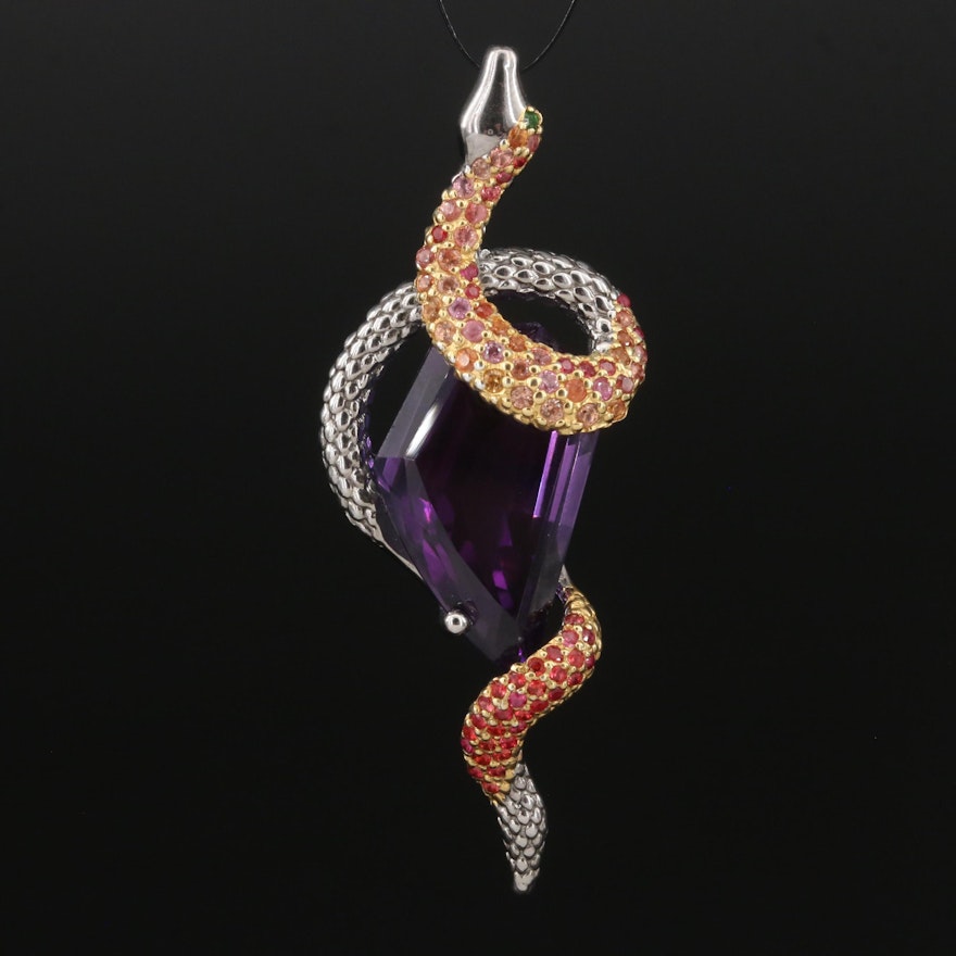 Sterling Amethyst, Sapphire and Diopside Snake Pendant