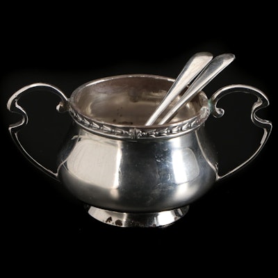 Walker & Hall Sterling Silver Handled Sugar Bowl with Salt Spoons, 1918-1919
