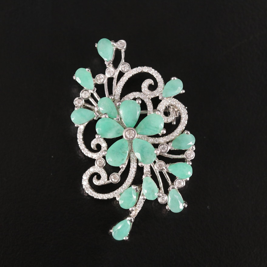 Sterling Emerald and Cubic Zirconia Floral Brooch