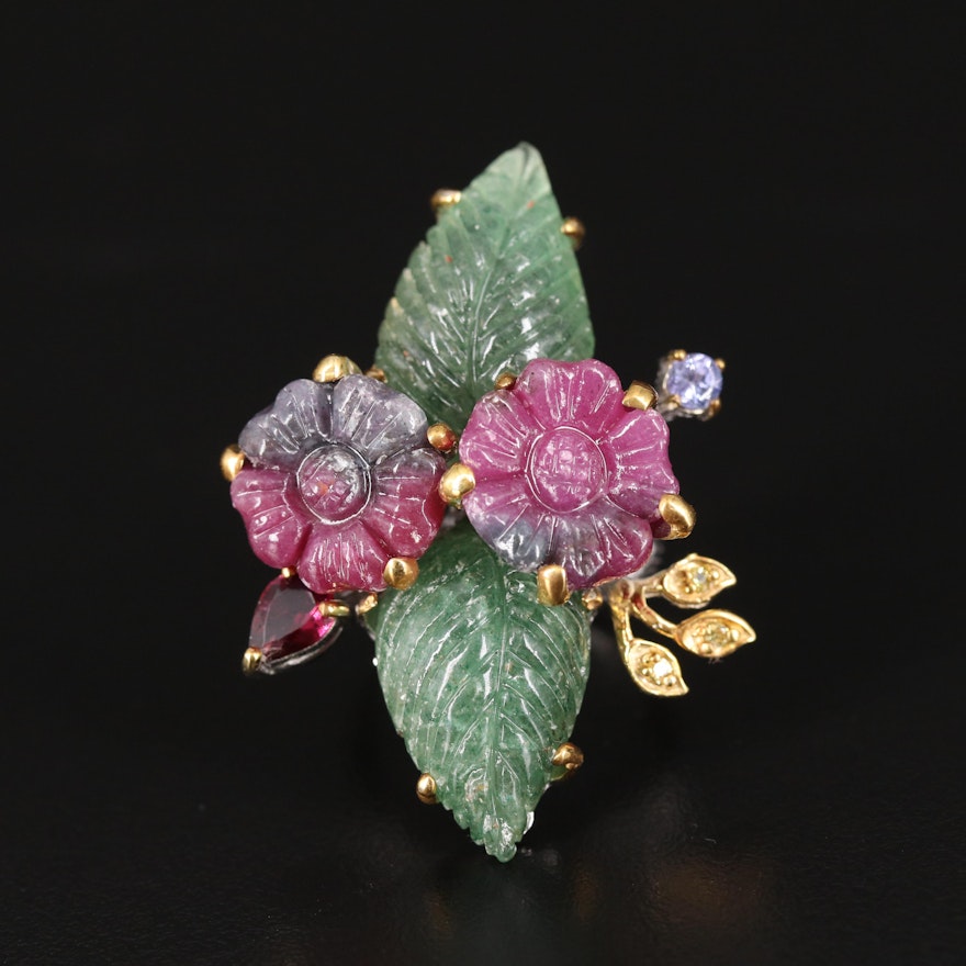Sterling Floral Ring Including Ruby in Zoisite, Garnet and Tanzanite