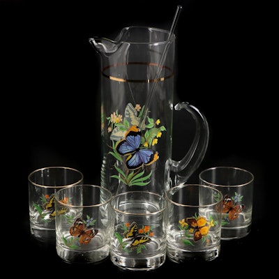 Glass Cocktail Picture and Matching Glasses, Mid to Late 20th Century