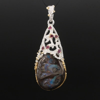 Sterling Boulder Opal and Rhodolite Garnet Biomorphic Pendant