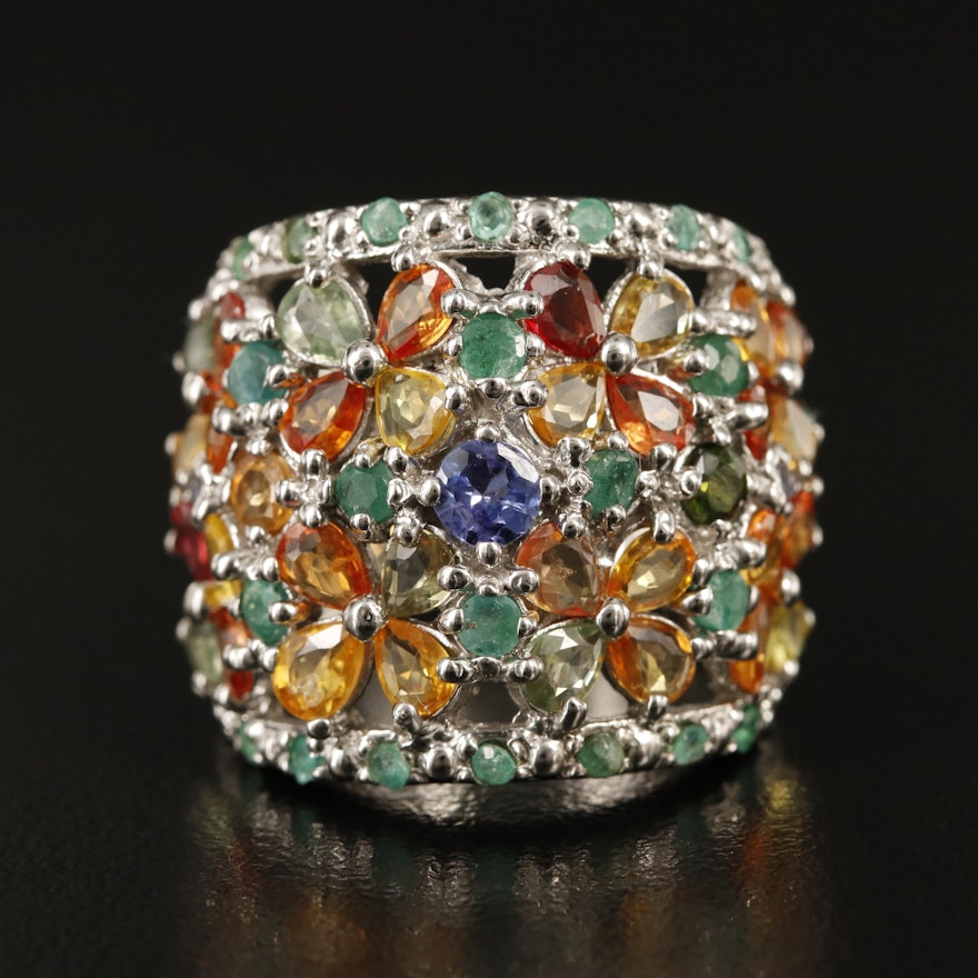 Sterling Emerald, Sapphire and Tanzanite Floral Ring