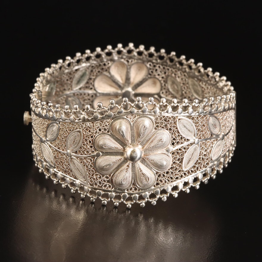 Floral Filigree and Wirework Hinged Bangle