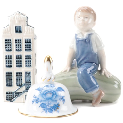 Royal Copenhagen "Boy with Pumpkin"  Figurine with Herend Bell and Delft Bottle
