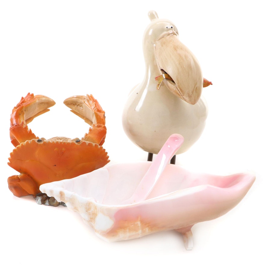 Shell Serving Dish with Crab Bottle Holder and Pelican Figurine
