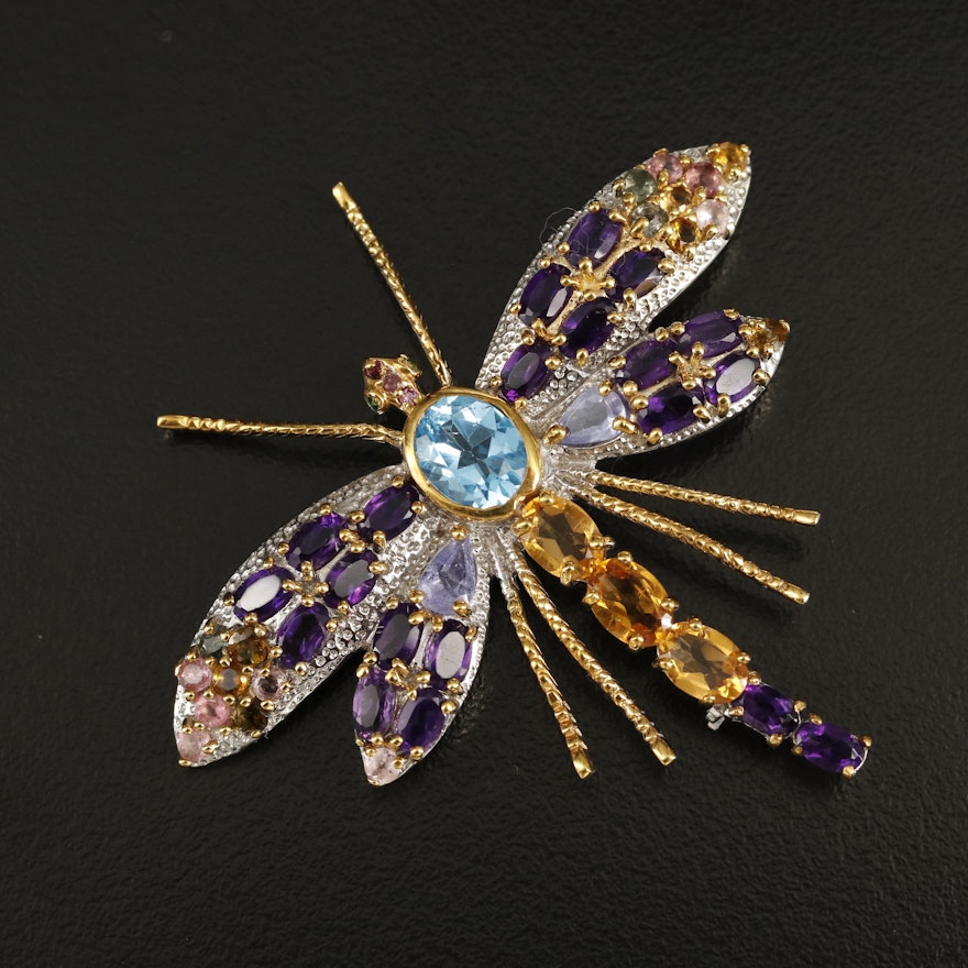 Sterling Dragonfly Brooch with Topaz, Amethyst and Citrine