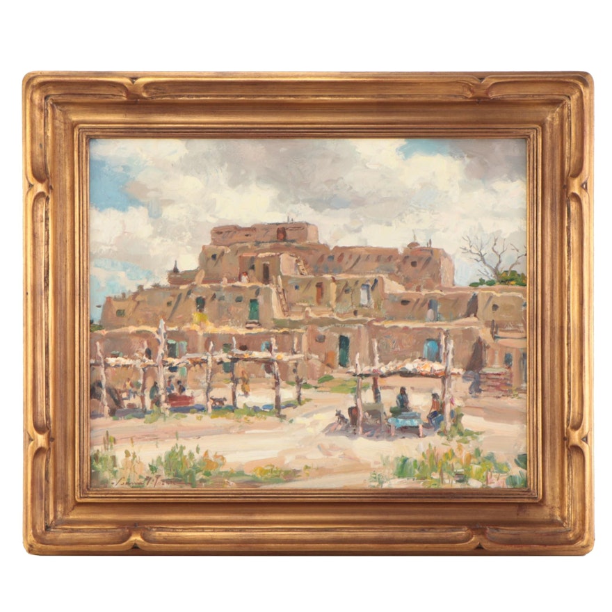Lonnie Mason Southwestern Oil Painting "Taos Pueblo"