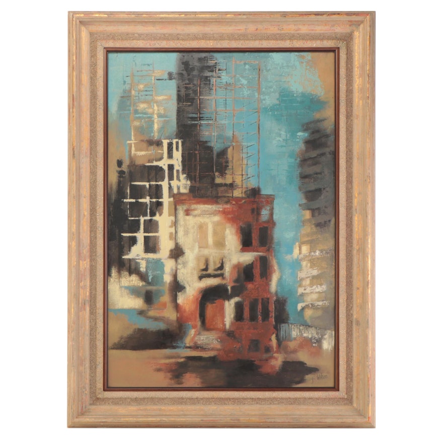 J. Wilson Architectural Oil Painting, Late 20th Century