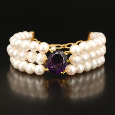 Sterling and Amethyst Three Strand Pearl Bracelet