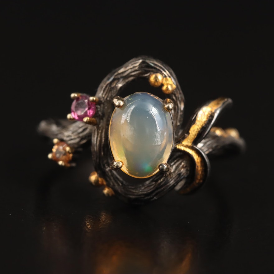 Sterling Opal, Sapphire and Garnet Ring
