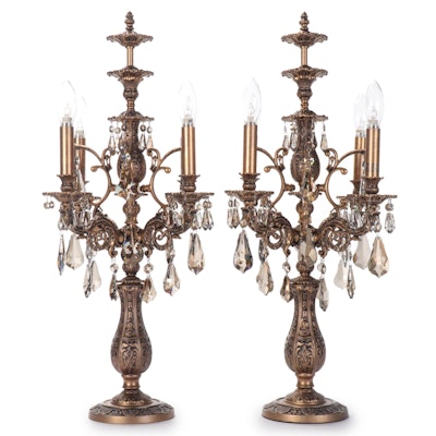 Pair of Swarovski Lighting Ltd. Baroque Style Gilt Metal Candelabra Table Lamps