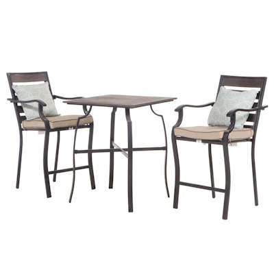 Wood-Grained Patio Table with Barstools