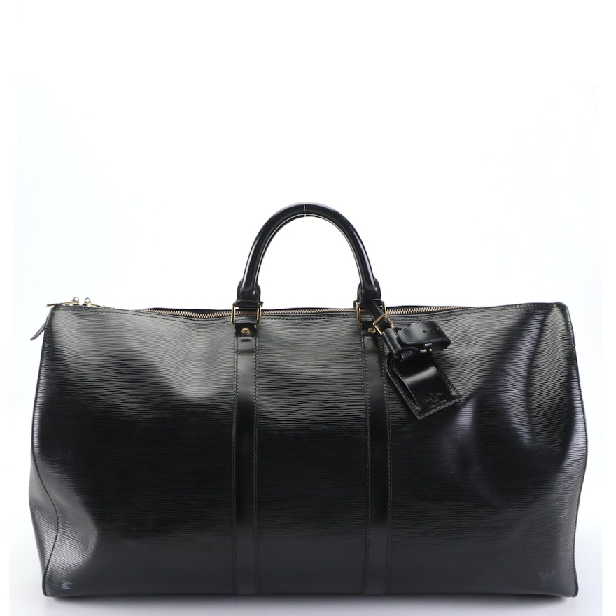 Louis Vuitton Keepall 55 Travel Bag in Black Epi and Smooth Leather