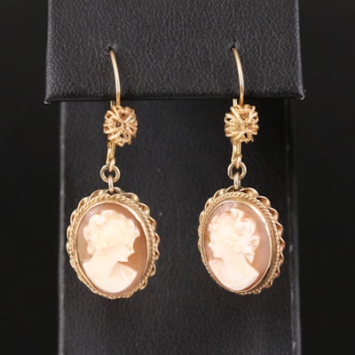 14K Carved Shell Cameo Drop Earrings