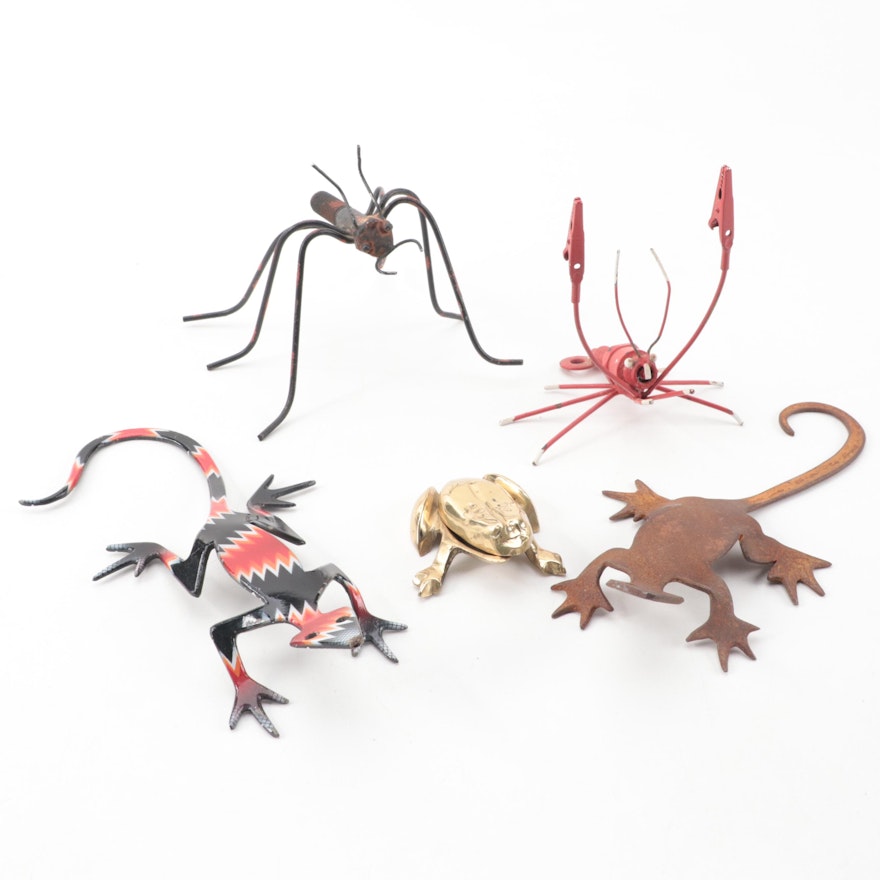 Folk Art Style Metal Animal Figurines with Brass Frog Box