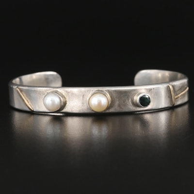 Sterling Pearl and Sapphire Cuff with Brass Accents