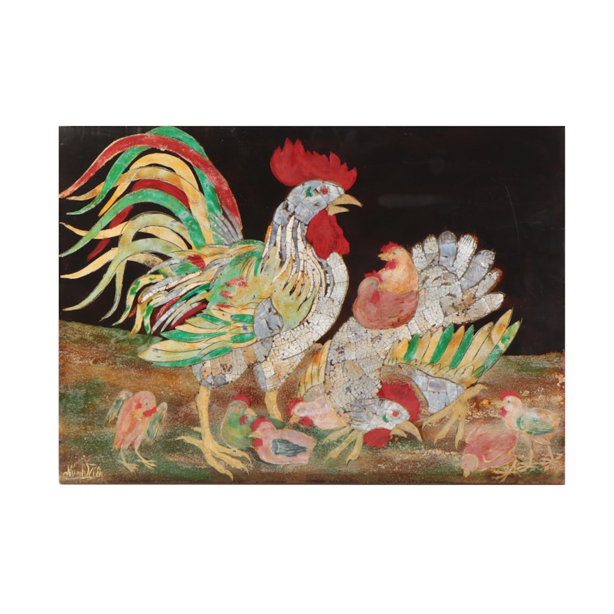 Hand-Painted Folk Art Chicken Scene With Shell Inlay