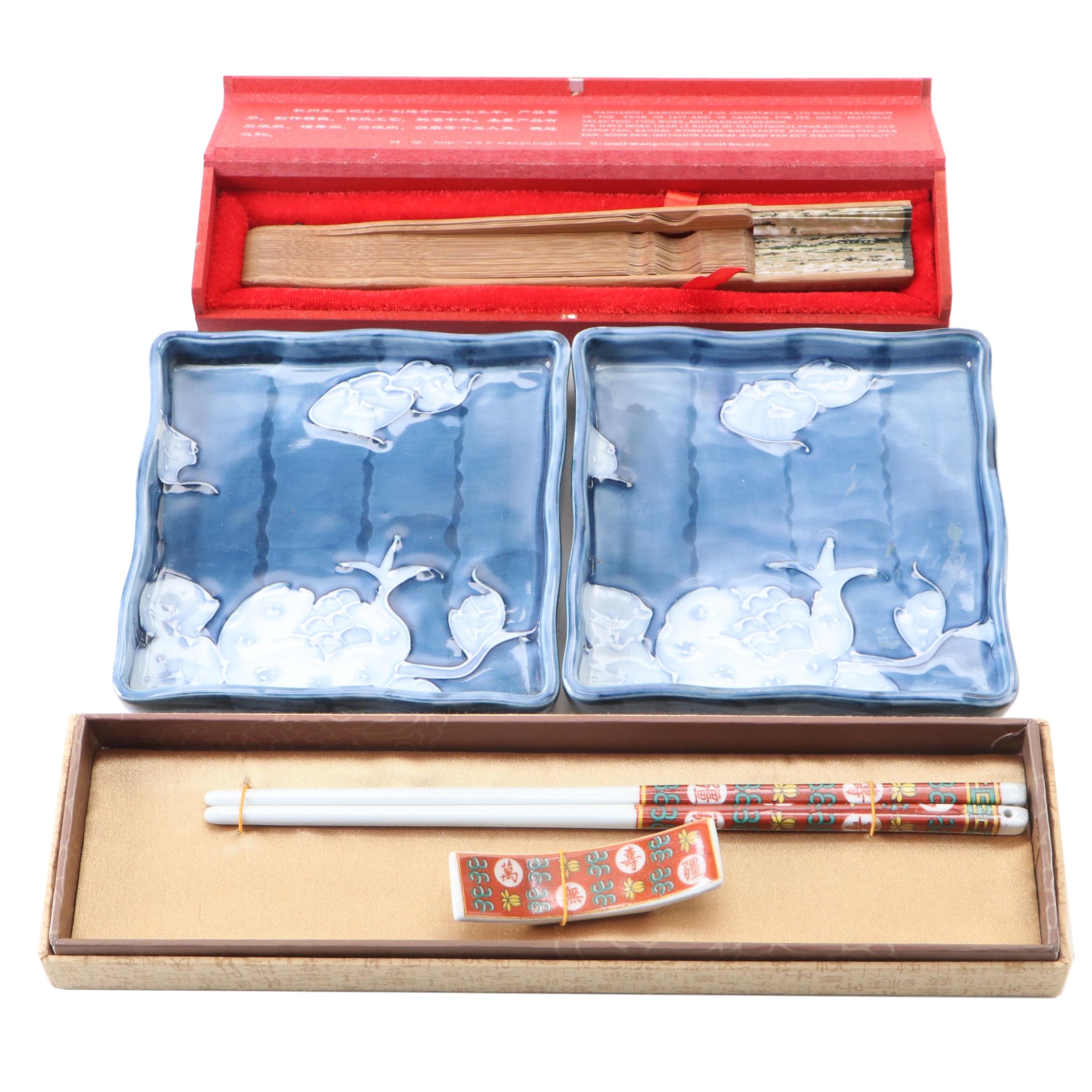 Japanese Porcelain Sushi Dishes with Chopsticks with Fan EBTH