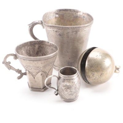 Chased Metal Mugs with Brass Bell