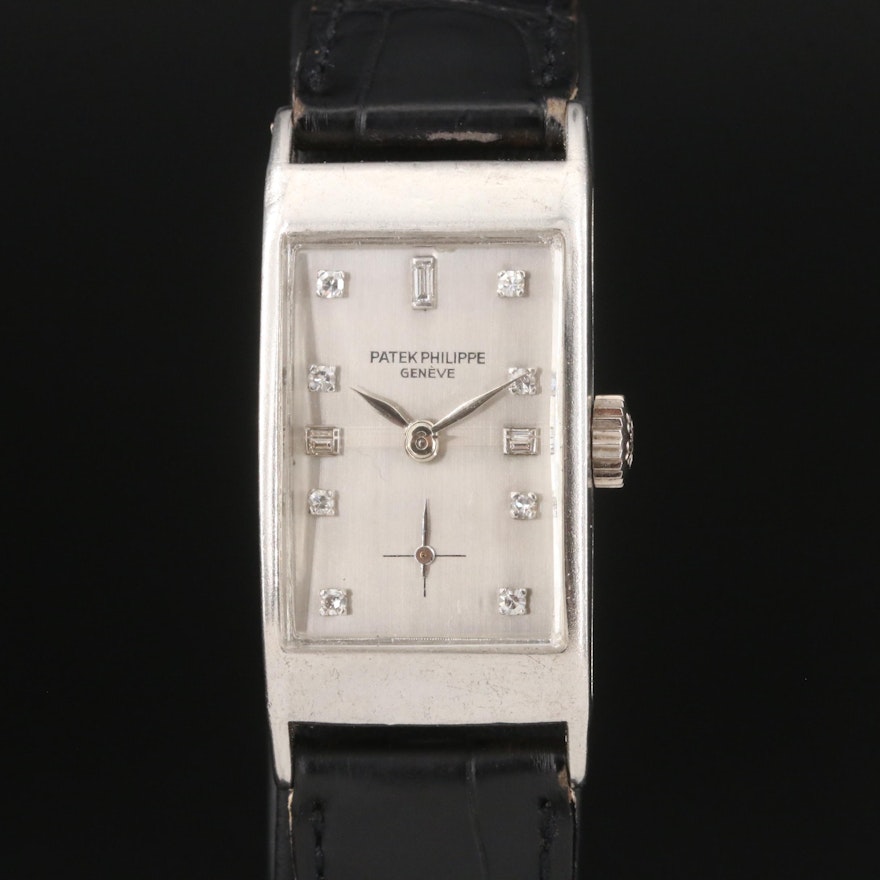 Platinum Vintage Patek Philippe Tank Style Diamond Wristwatch