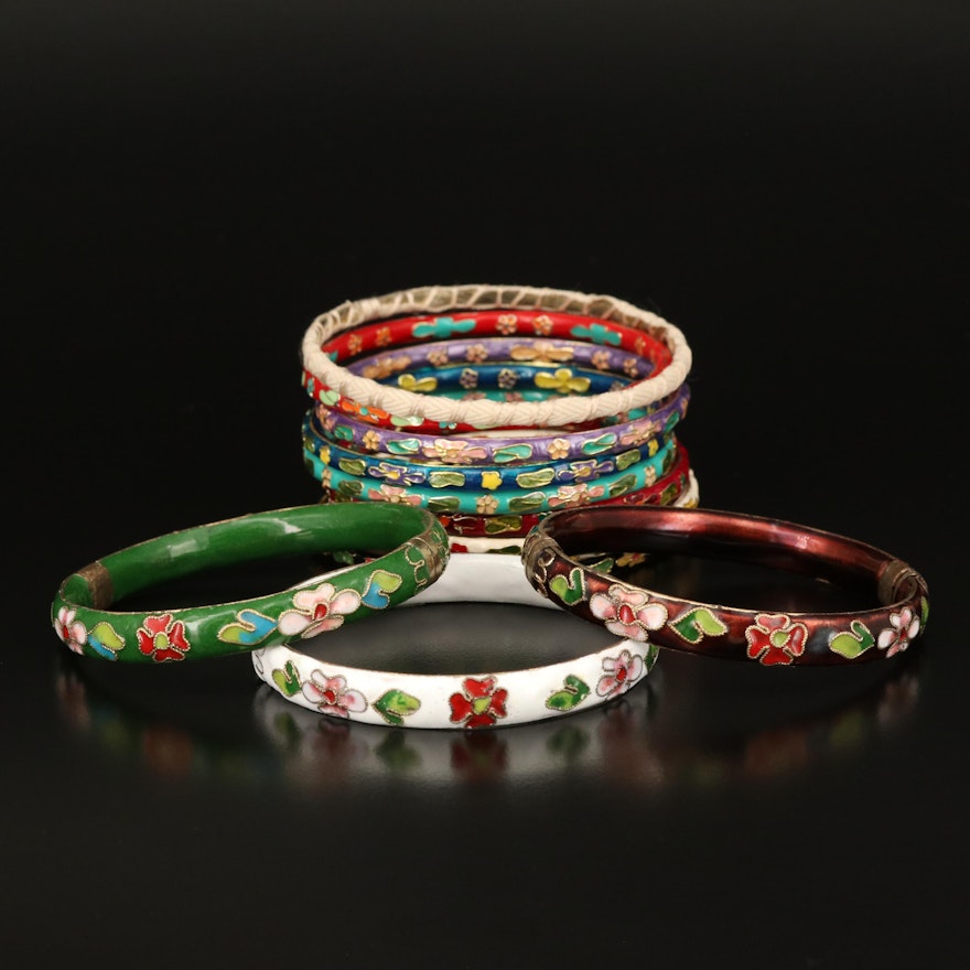Cloisonné and Fabric Detailed Bangle Selection Including Hinged Bangles