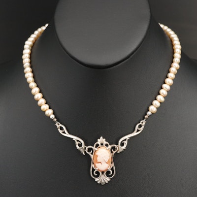 Sterling Pearl and Shell Cameo Necklace