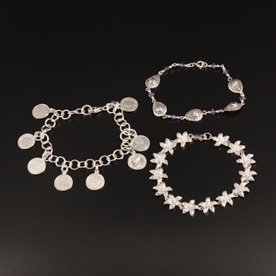 Sterling Flower, Teardrop Link and Replica Coin Bracelets